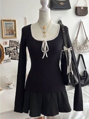 Love Tree Black Ribbed Long Sleeve Top with White Trim